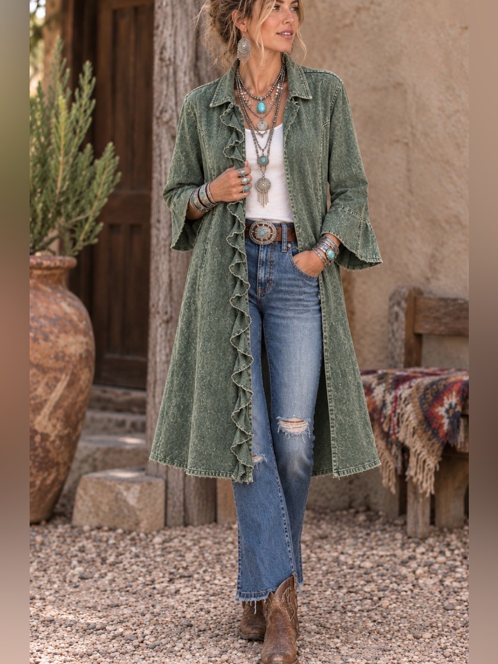 Olive Green Ruffle-Trim Duster Coat